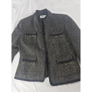 Bill Blass Suits Tweed Jacket Size 10 Black Metallic Fringed Trim Lined